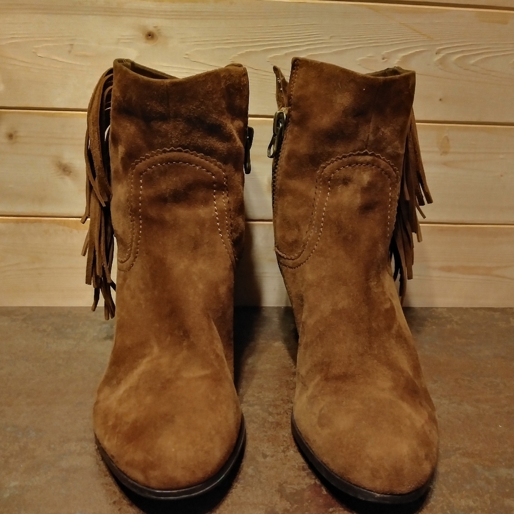 Sam Edelman Sz 10M Louie Cognac Suede Leather Fringe Bootie Brown Cowboy Heel - Picture 5 of 14